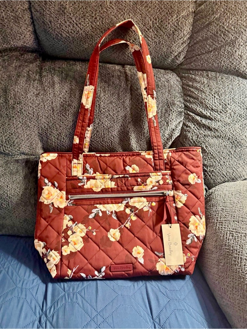 Vera Bradley Quilted Floral Tote in Burgundy and Tan/Yellow